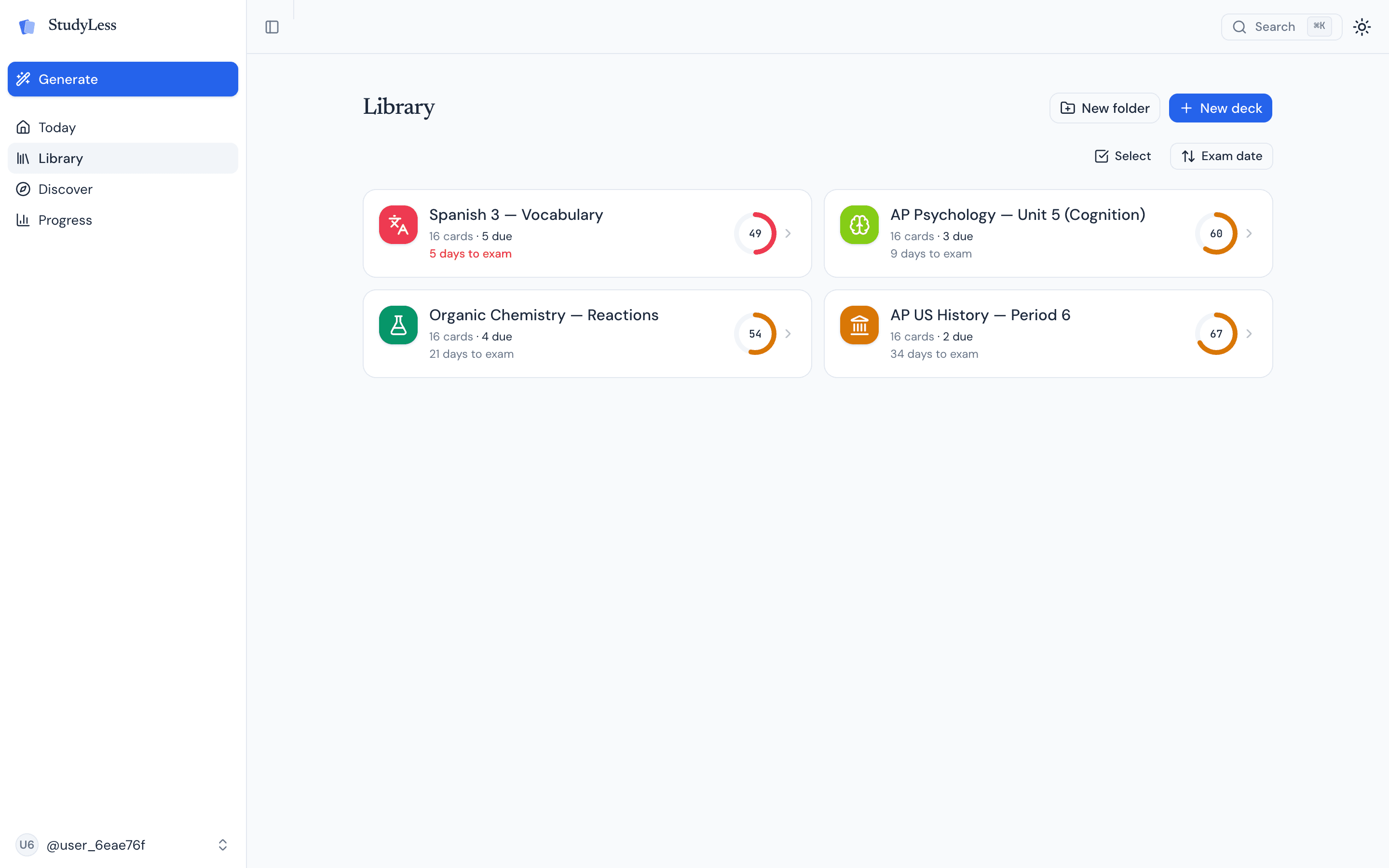The StudyLess deck library in a browser.