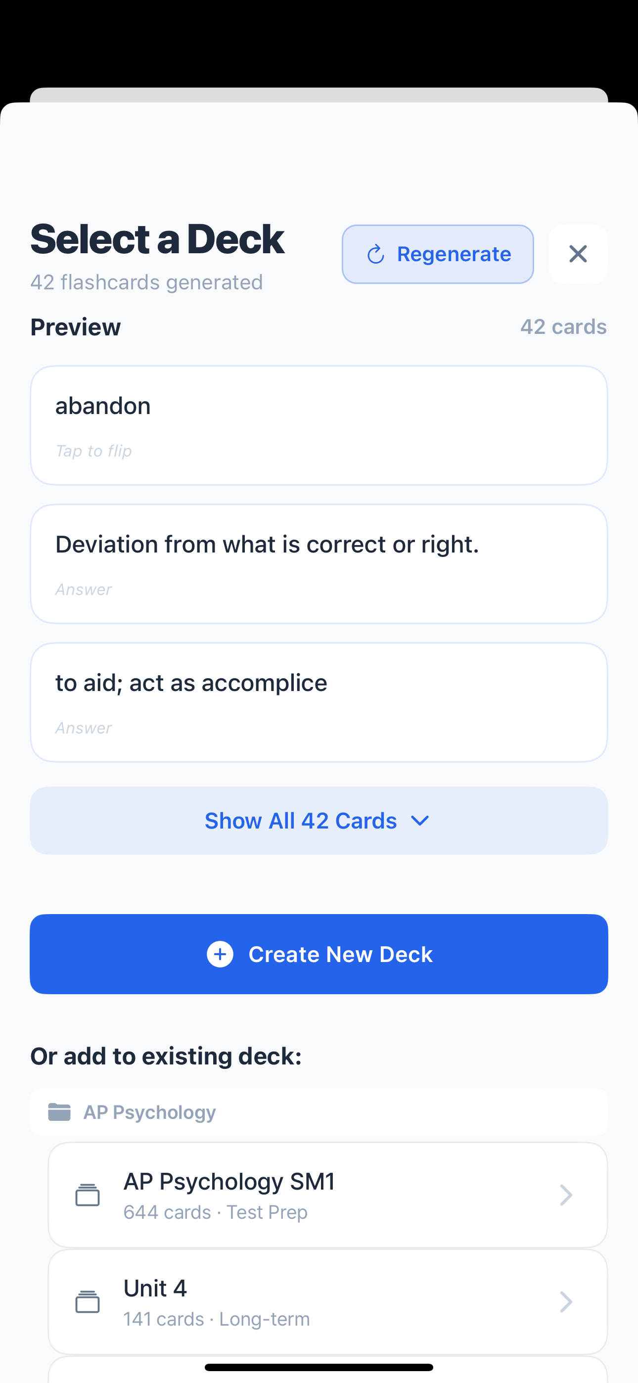 StudyLess AI card generation — 66 flashcards generated from notes