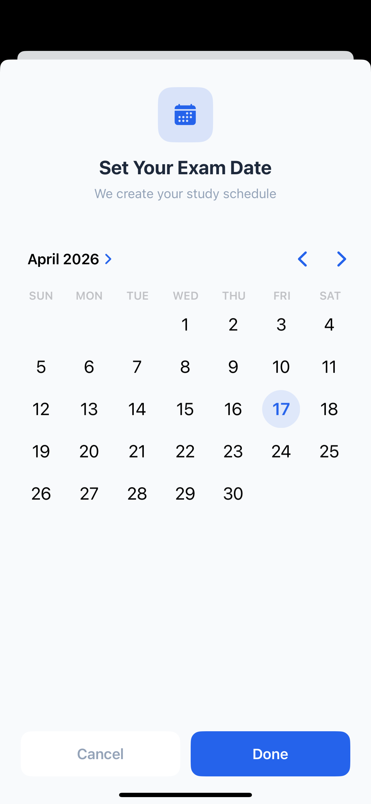 StudyLess exam date picker calendar