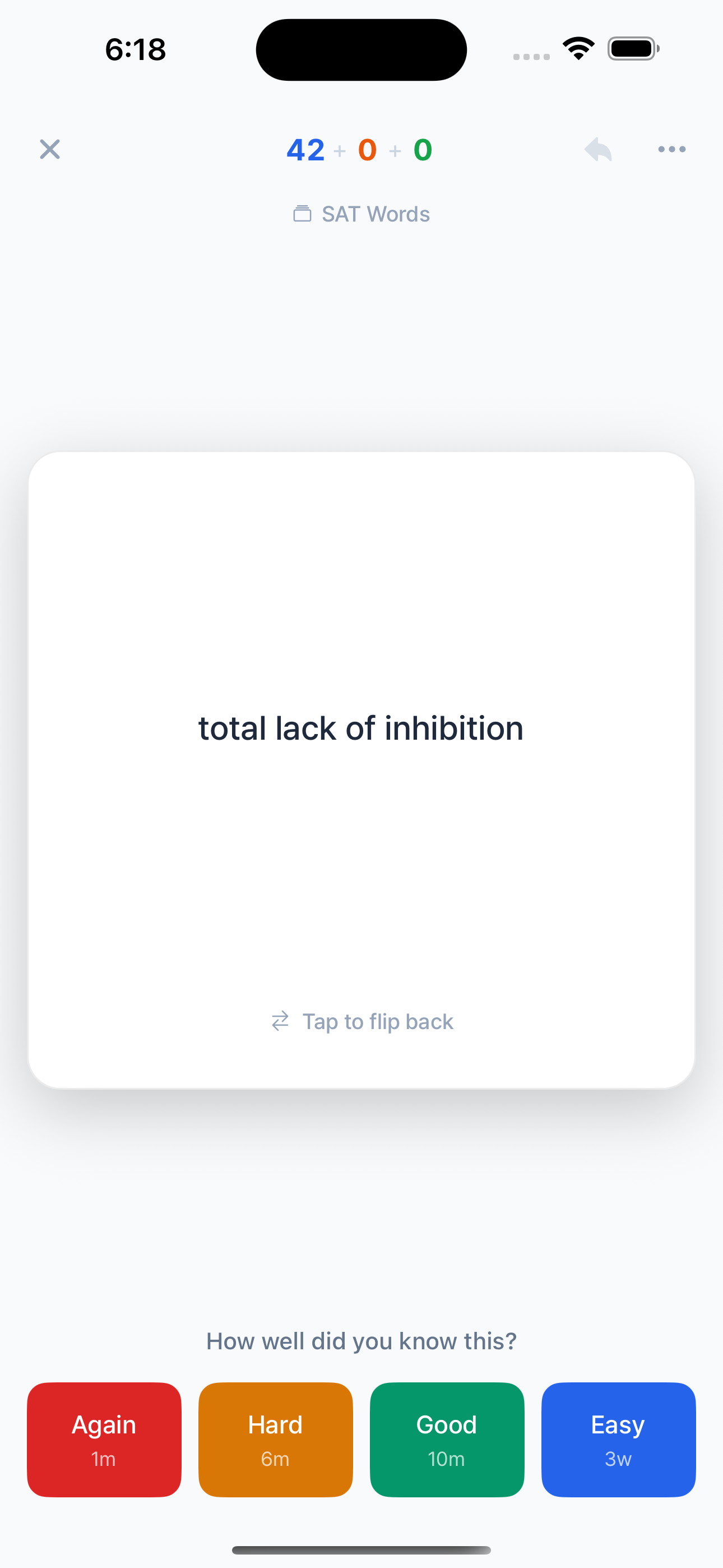 StudyLess flashcard review session with difficulty buttons